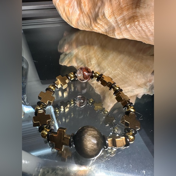 HEMATITE + GOLD OBSIDIAN + PHANTOM NATURAL STONES  BRACELET size 7” - Picture 9 of 15